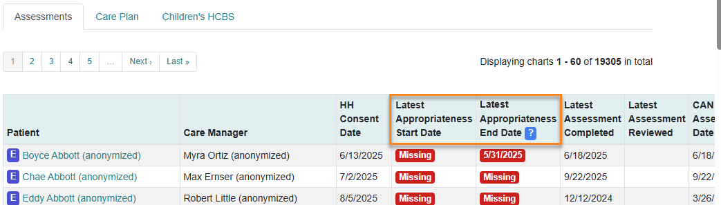 Screenshot highlights the location of the latest appropriateness start and end dates.